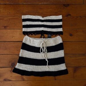 Fashion Nova Black and Cream Striped Crochet Mini Skirt Set